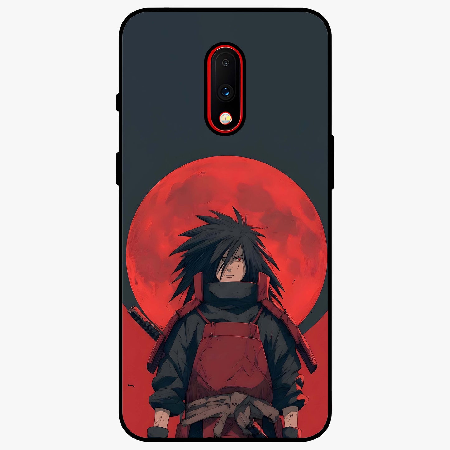 Crimson Moon Warlord Glass Case showing flat back view with mystical moon warrior artwork and glossy glass finish.