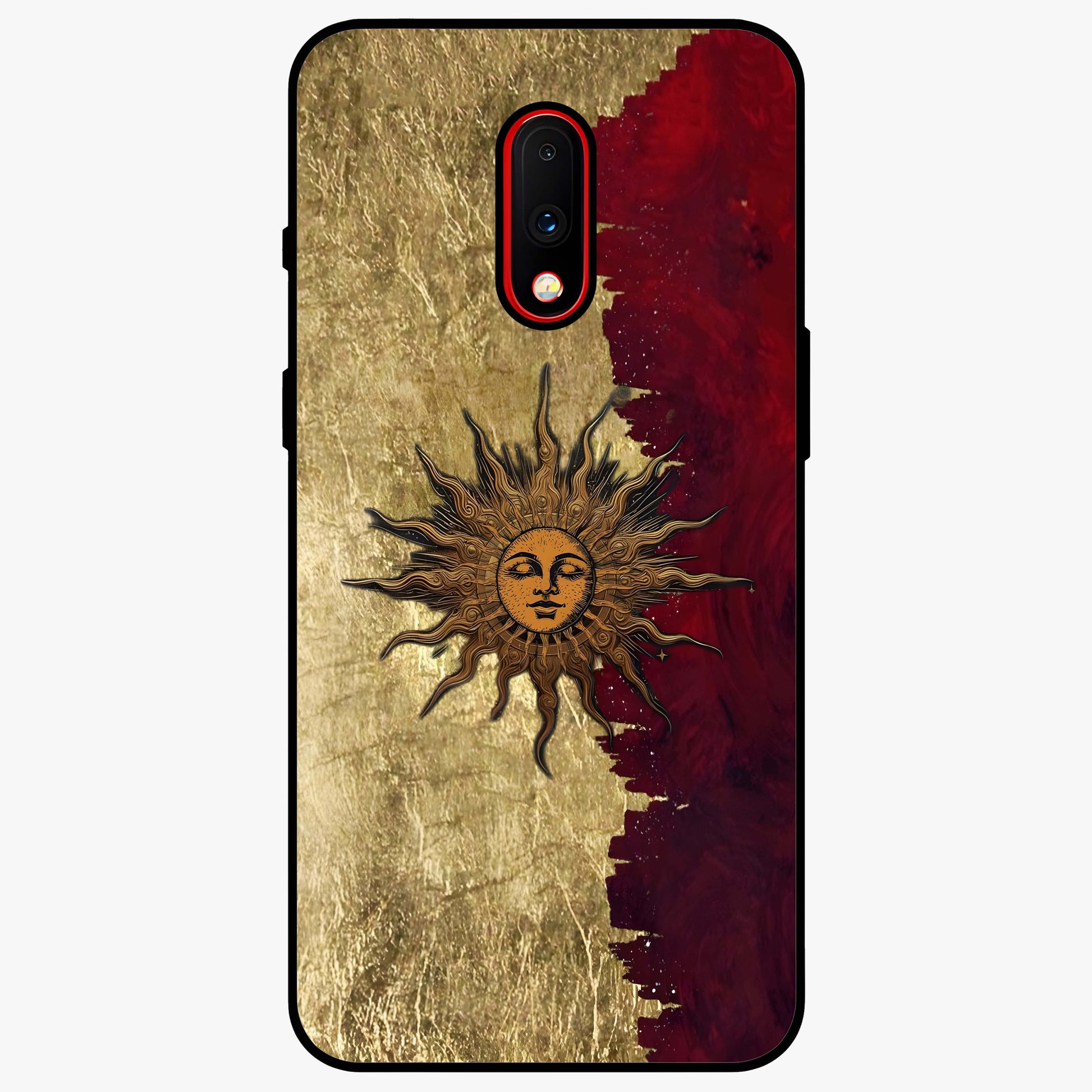 Crimson Sun Majesty Glass Case showing flat back view with radiant sun inspired artwork and glossy glass finish.