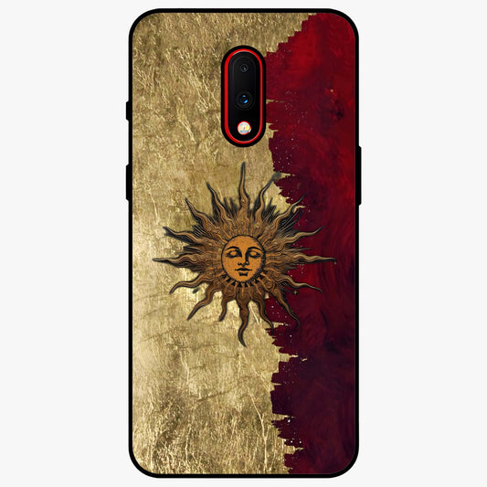 Crimson Sun Majesty Glass Case showing flat back view with radiant sun inspired artwork and glossy glass finish.