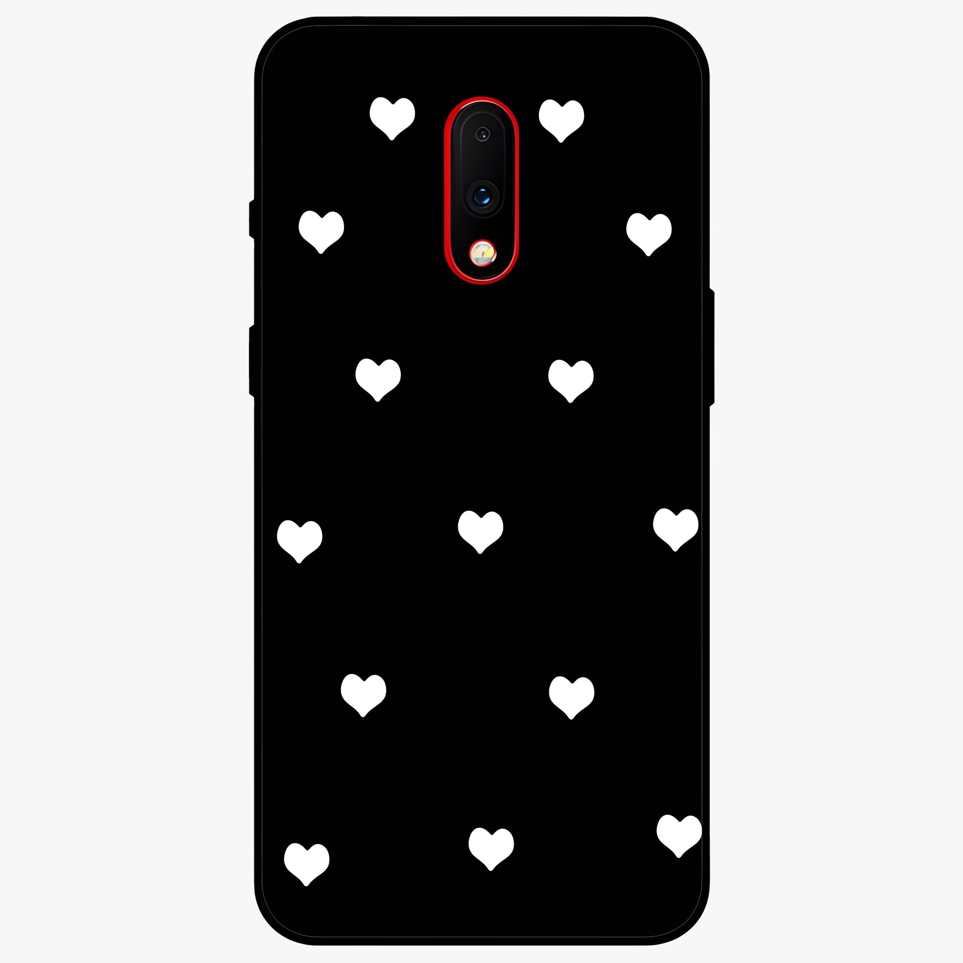 Cute And Simple White Hearts Glass Case showing flat back view with minimal white heart pattern and glossy glass finish.