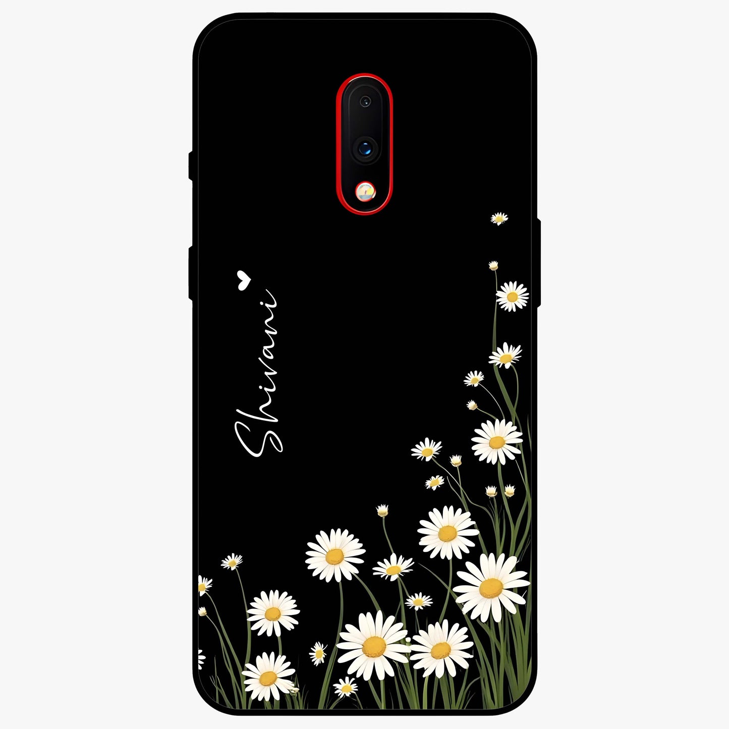 Daisy Cascade Custom Name Glass Case showing flat back view with cascading daisy flowers and personalized name design.