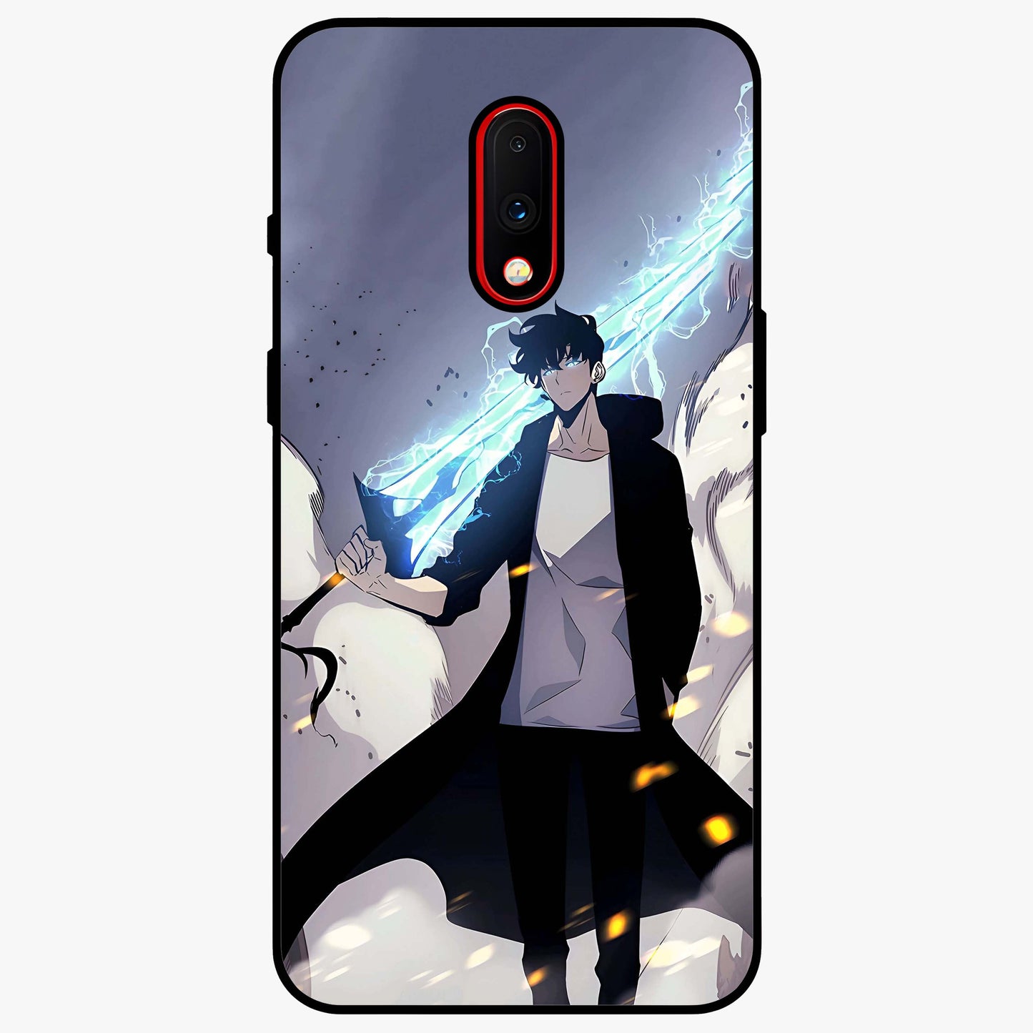 Dark Lightning Anime Warrior Glass Case showing flat back view with intense anime warrior artwork and glossy glass finish.
