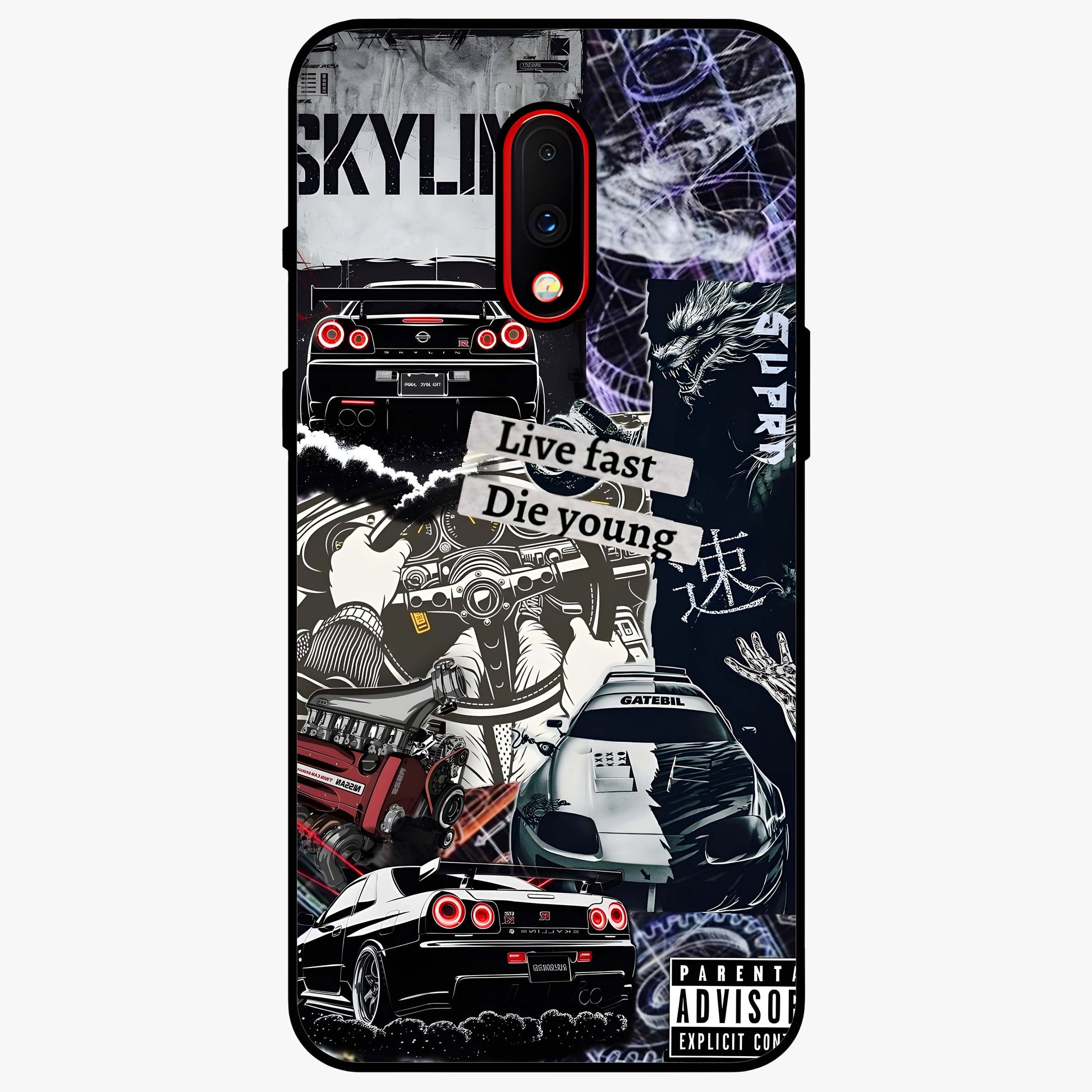 Die Young Glass Case showing flat back view with bold artistic typography design and glossy glass finish.