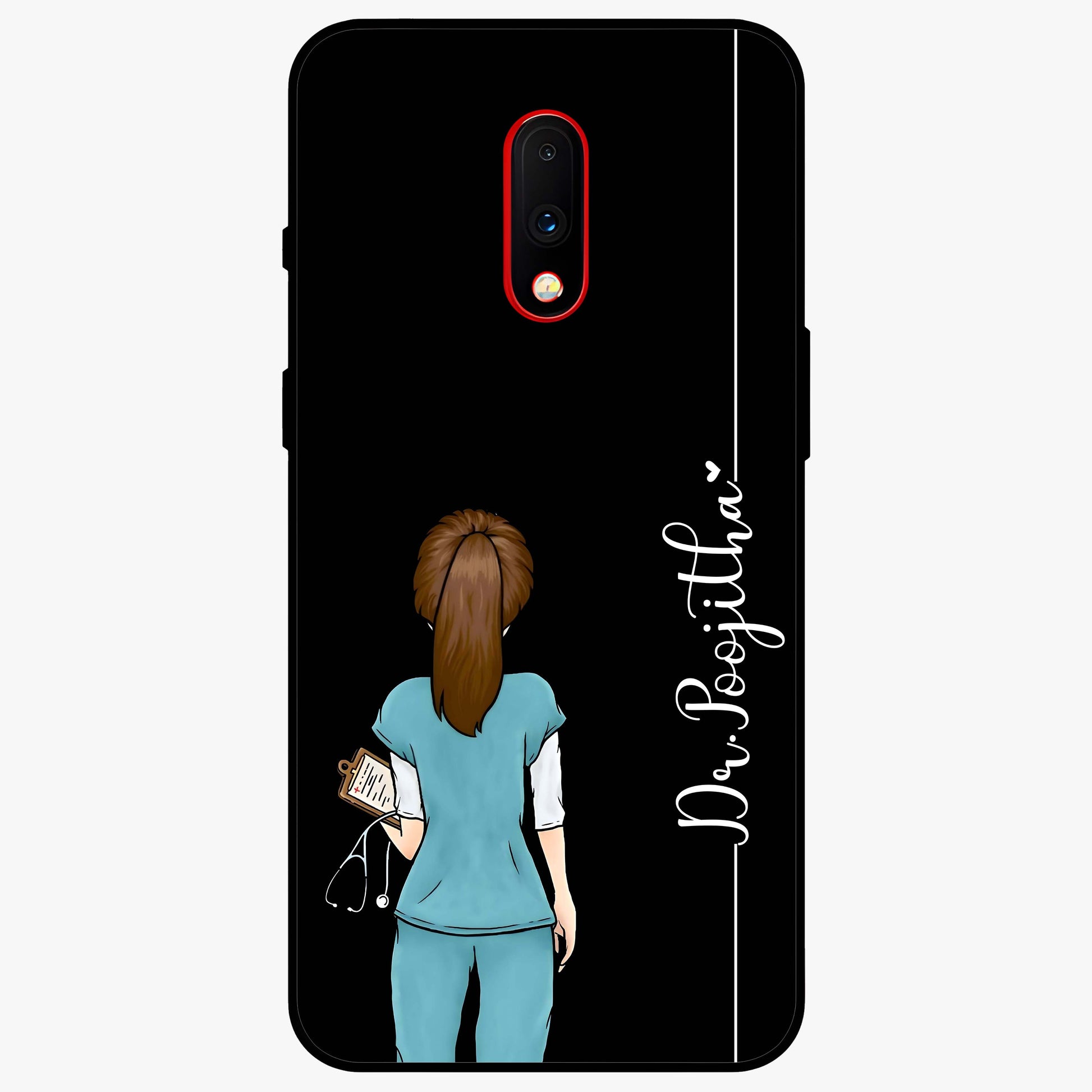 Doctor Pattern Custom Name Glass Case showing flat back view with medical themed pattern and personalized name design.
