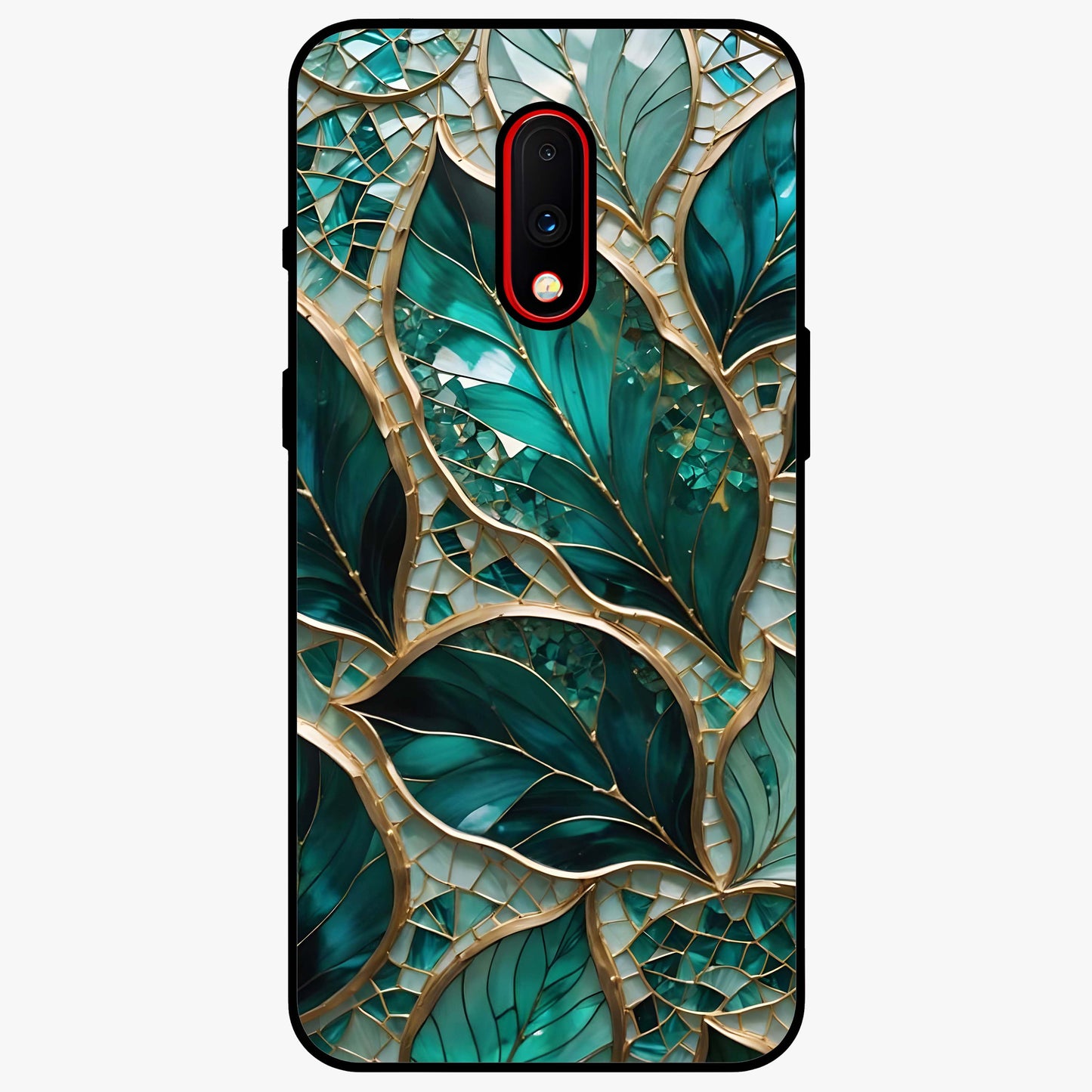 Emerald Leaf Glass Glass Case showing flat back view with emerald green leaf artwork and glossy glass finish.
