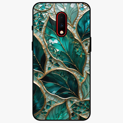 Emerald Leaf Glass Glass Case showing flat back view with emerald green leaf artwork and glossy glass finish.