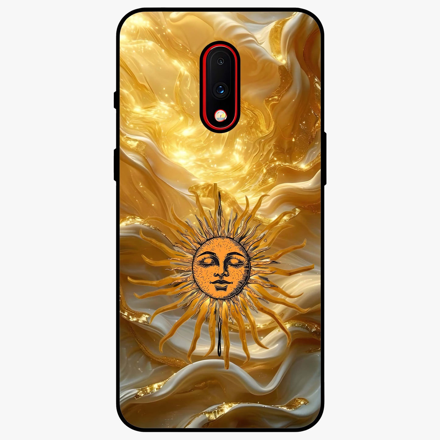 Eternal Golden Glow Glass Case showing flat back view with radiant golden themed artwork and glossy glass finish.