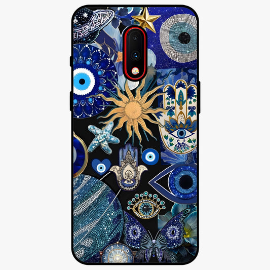 Evil Eye Charm Mix Glass Case showing flat back view with multiple evil eye charms artwork and glossy glass finish.