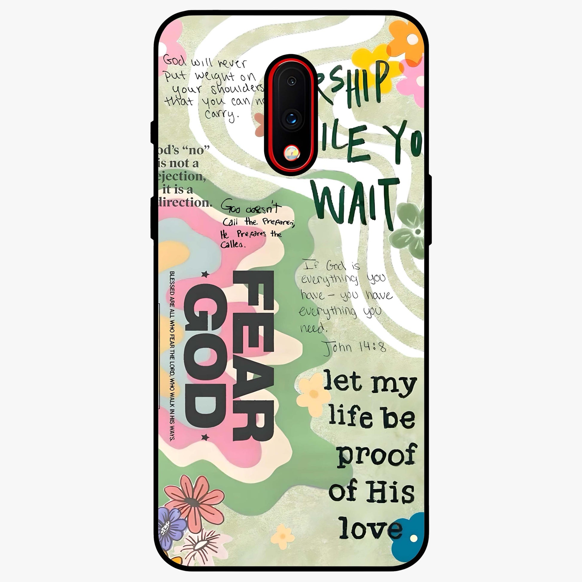 Faith Over Fear Glass Case showing flat back view with motivational typography artwork and glossy glass finish.