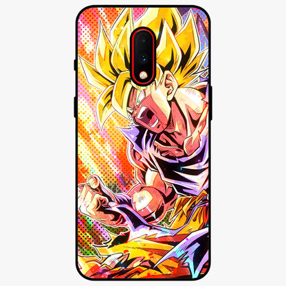 Firing Goku Glass Case showing flat back view with powerful anime inspired artwork and glossy glass finish.