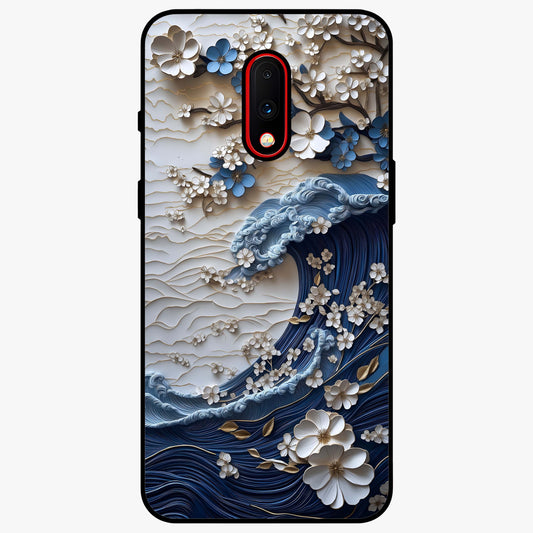 Floral Wave Origami Glass Case showing flat back view with origami inspired floral wave artwork and glossy glass finish.