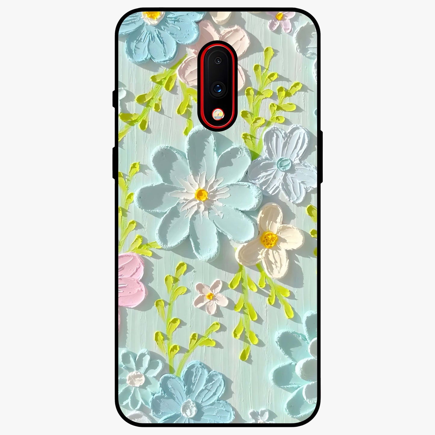 Frosted Petal Garden Glass Case showing flat back view with soft frosted floral artwork and glossy glass finish.
