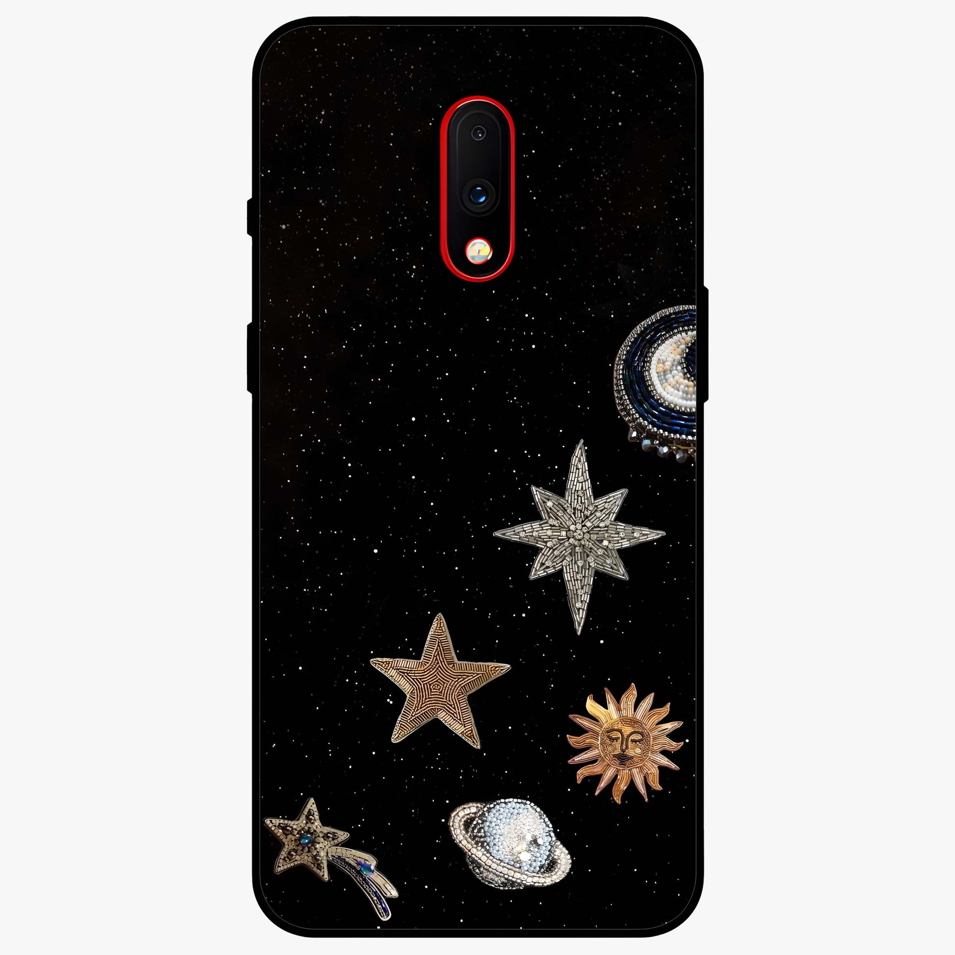 Galactic Charm Glow Glass Case showing flat back view with glowing celestial charm artwork and glossy glass finish.