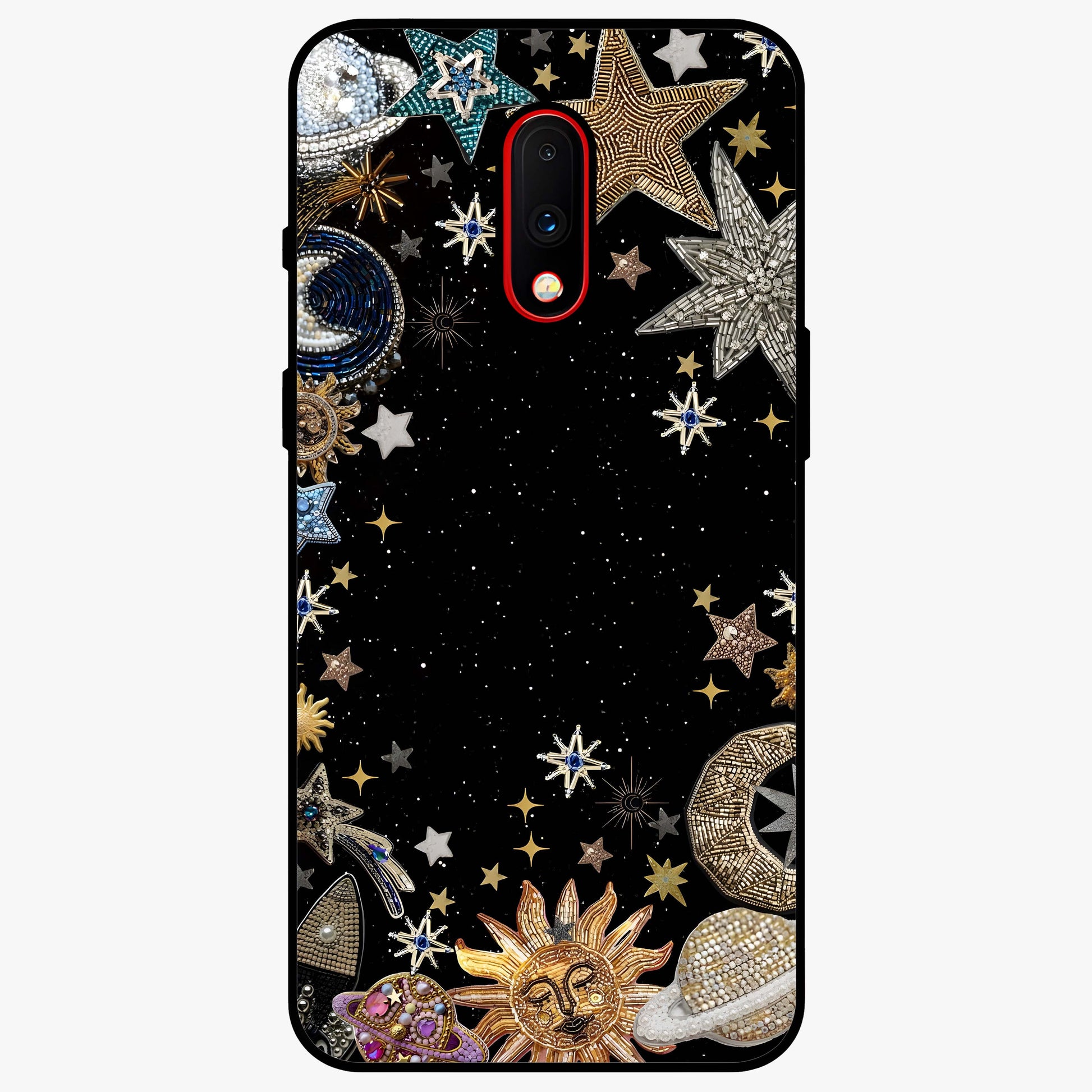 Galactic Jewel Stars Glass Case showing flat back view with sparkling star jewel artwork and glossy glass finish.