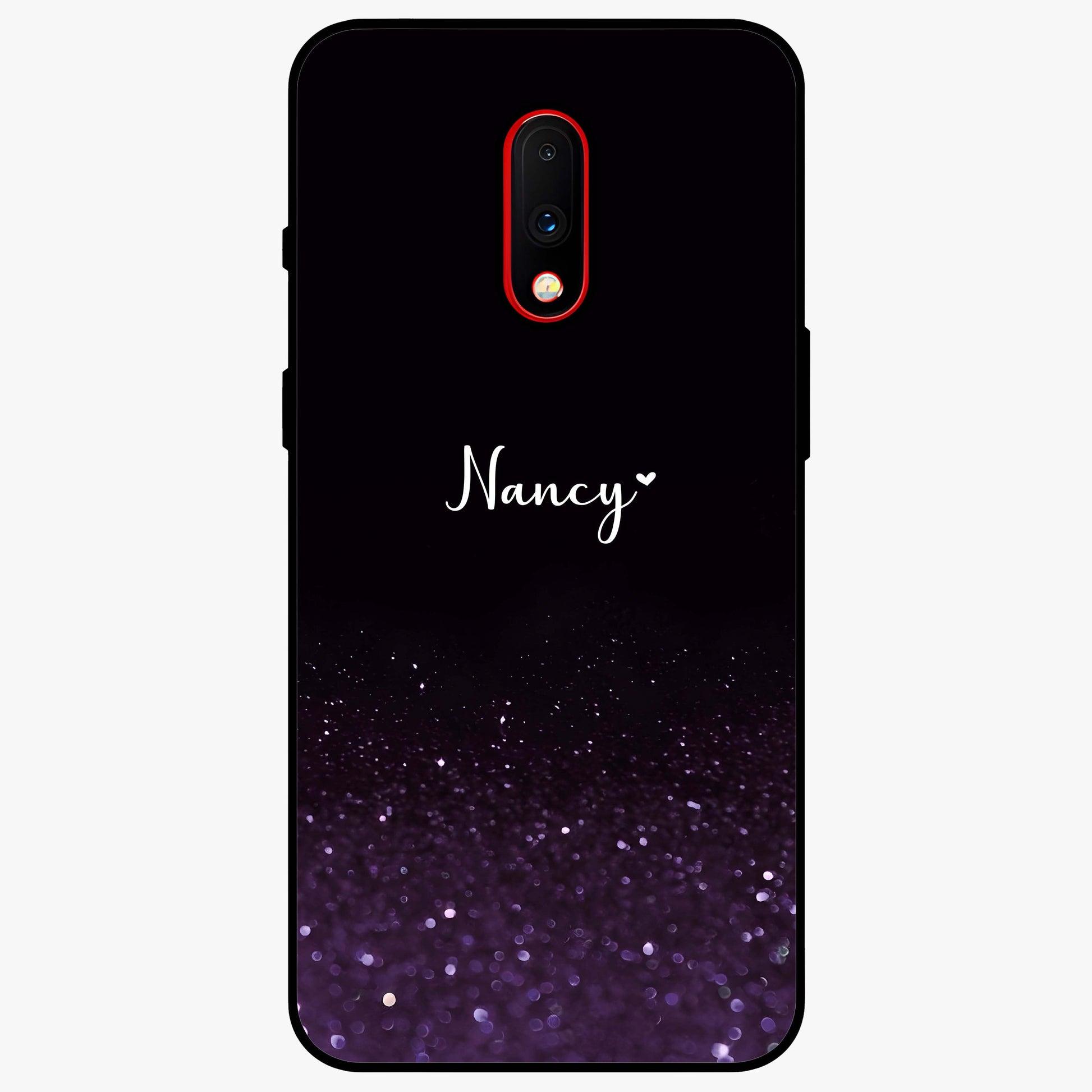 Glittery Purple Bokeh Custom Name Glass Case showing flat back view with purple bokeh sparkle artwork and personalized name design.