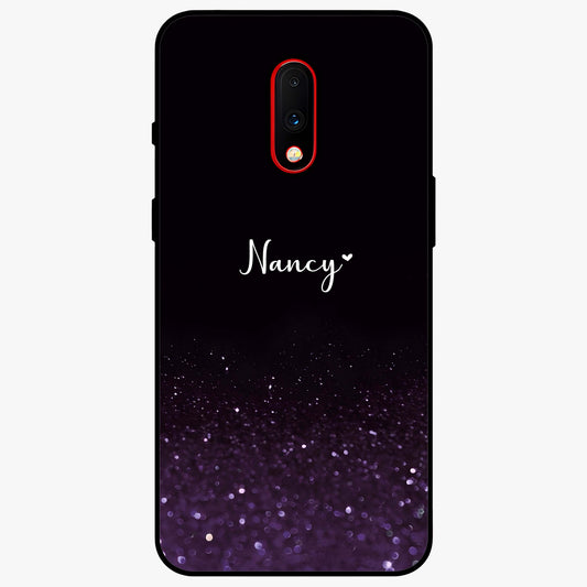 Glittery Purple Bokeh Custom Name Glass Case showing flat back view with purple bokeh sparkle artwork and personalized name design.