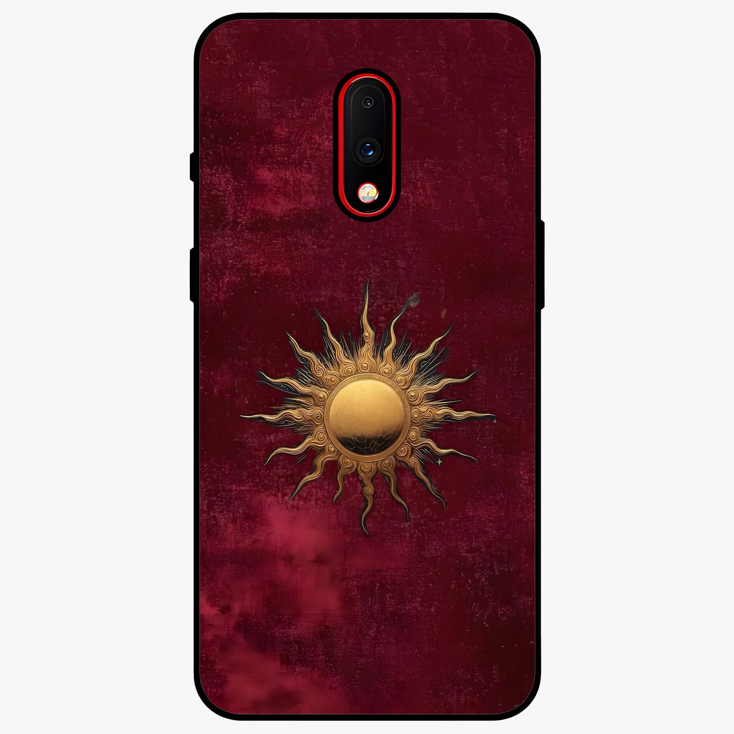 Gold Sun Blush Glass Case showing flat back view with golden sun inspired artwork and glossy glass finish.