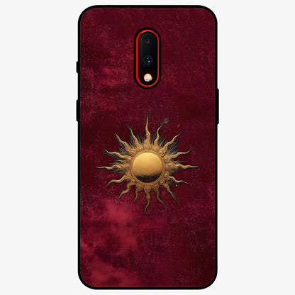 Gold Sun Blush Glass Case showing flat back view with golden sun inspired artwork and glossy glass finish.