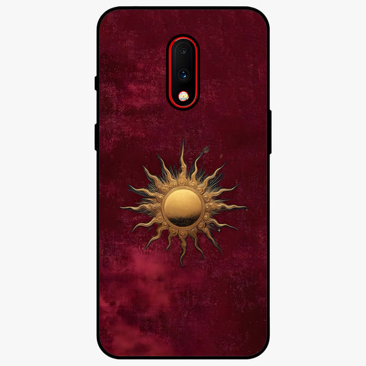 Gold Sun Blush Glass Case showing flat back view with golden sun inspired artwork and glossy glass finish.