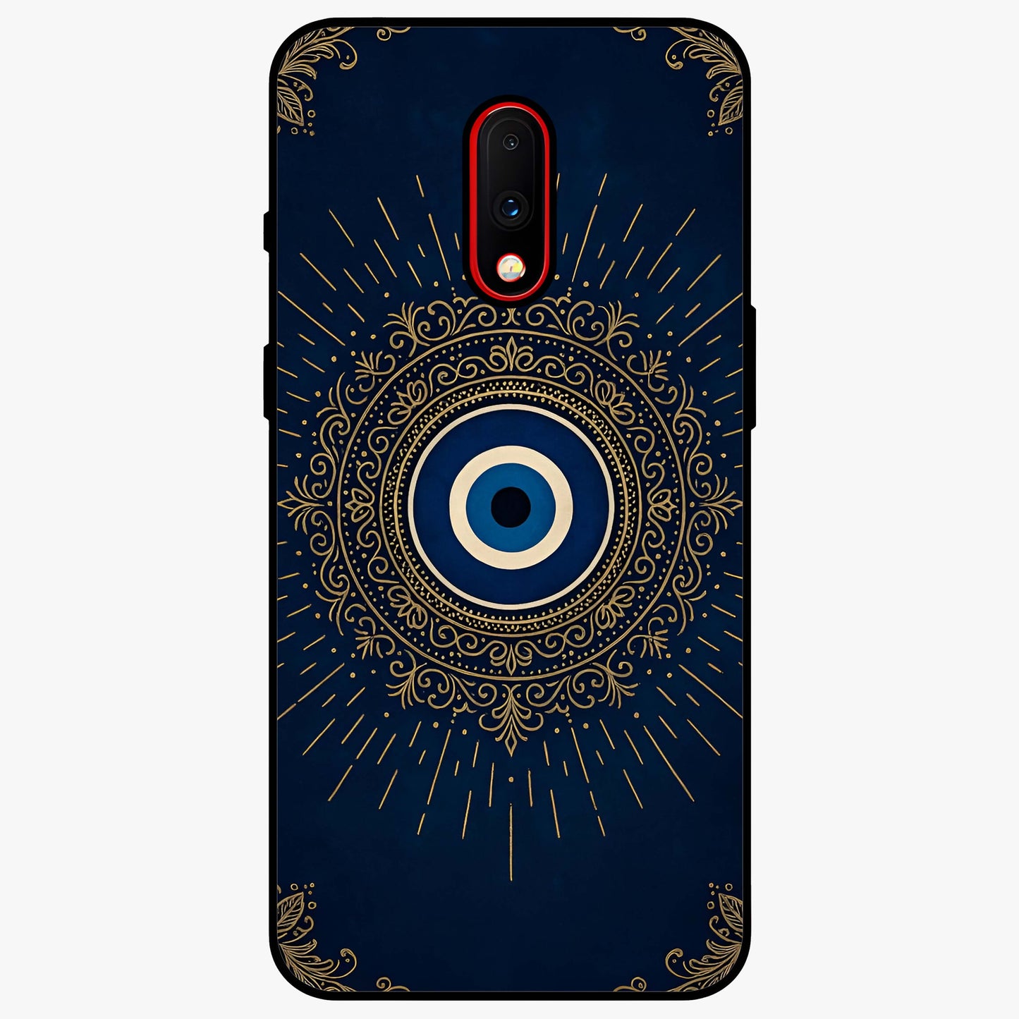 Golden Evil Eye Mandala Glass Case showing flat back view with intricate evil eye mandala artwork and glossy glass finish.