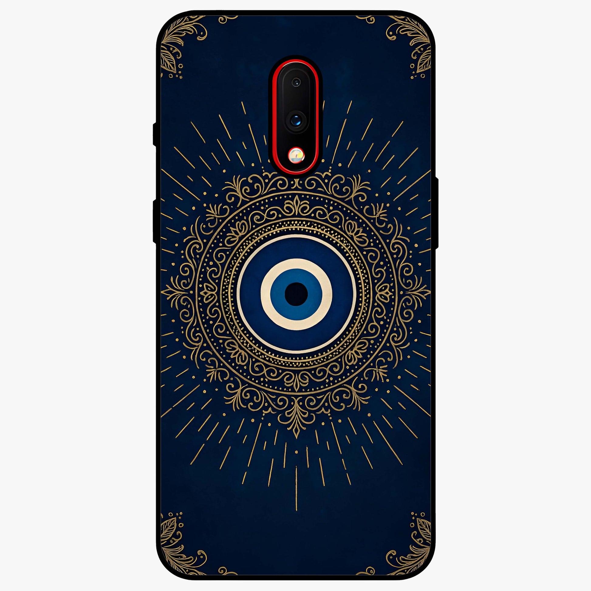 Golden Evil Eye Mandala Glass Case showing flat back view with intricate evil eye mandala artwork and glossy glass finish.