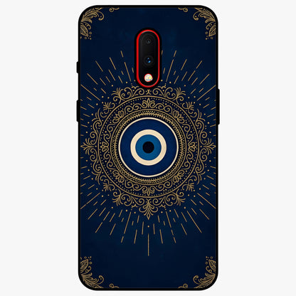 Golden Evil Eye Mandala Glass Case showing flat back view with intricate evil eye mandala artwork and glossy glass finish.