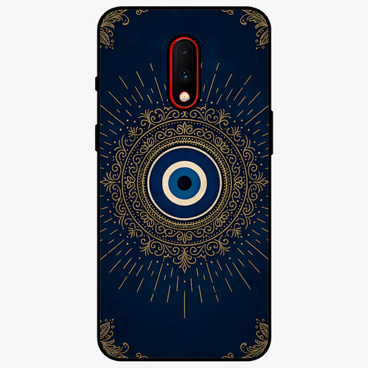 Golden Evil Eye Mandala Glass Case showing flat back view with intricate evil eye mandala artwork and glossy glass finish.