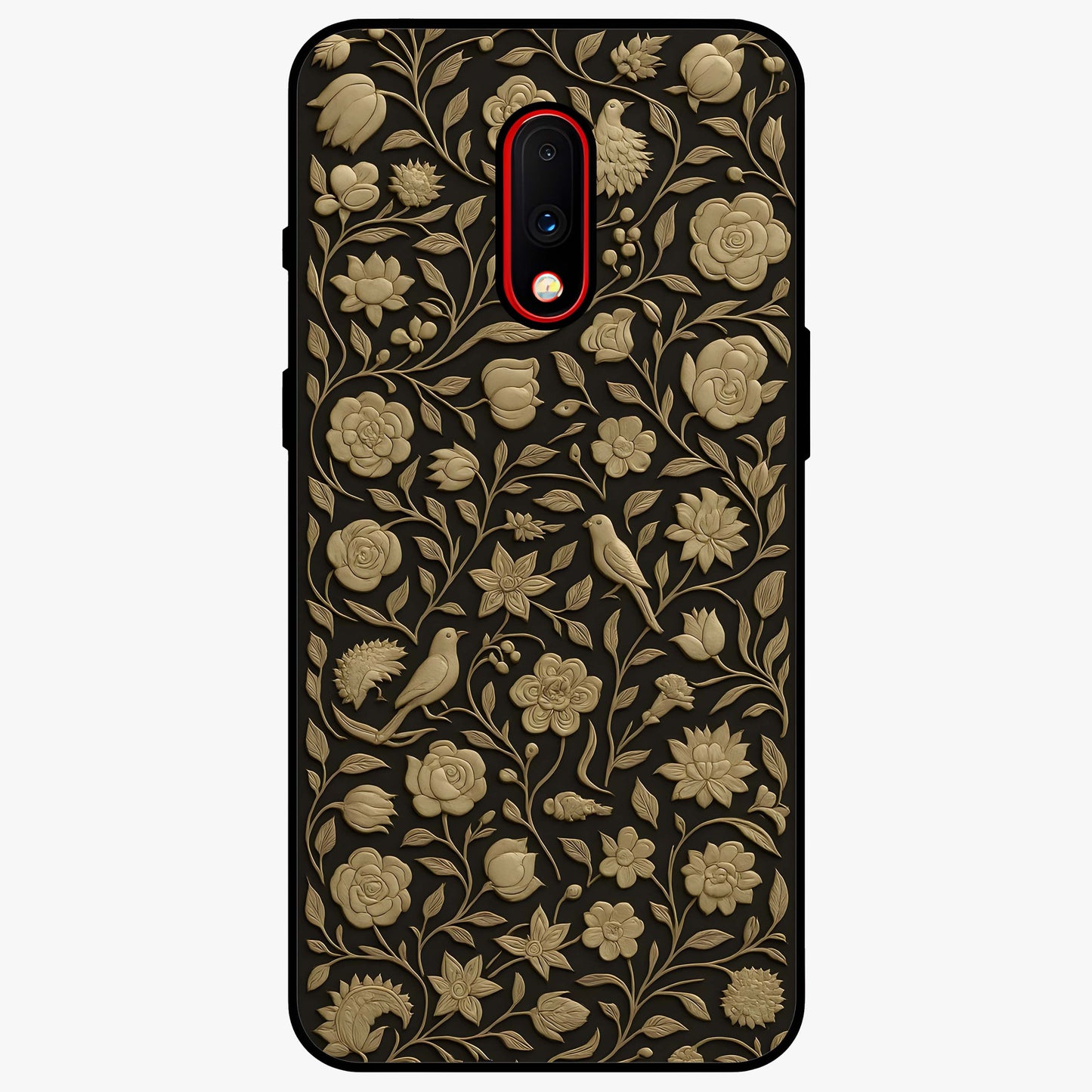 Golden Floral Majesty Glass Case showing flat back view with luxurious golden floral artwork and glossy glass finish.