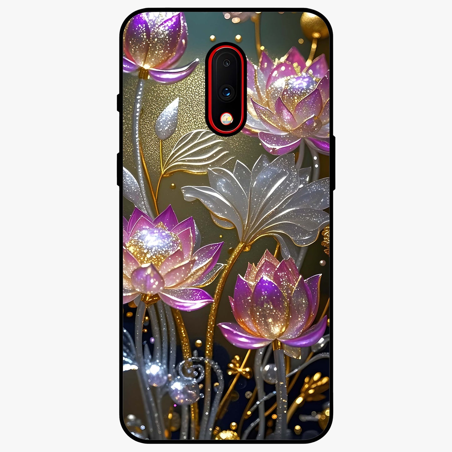 Golden Lotus Glow Glass Case showing flat back view with glowing lotus flower artwork and glossy glass finish.