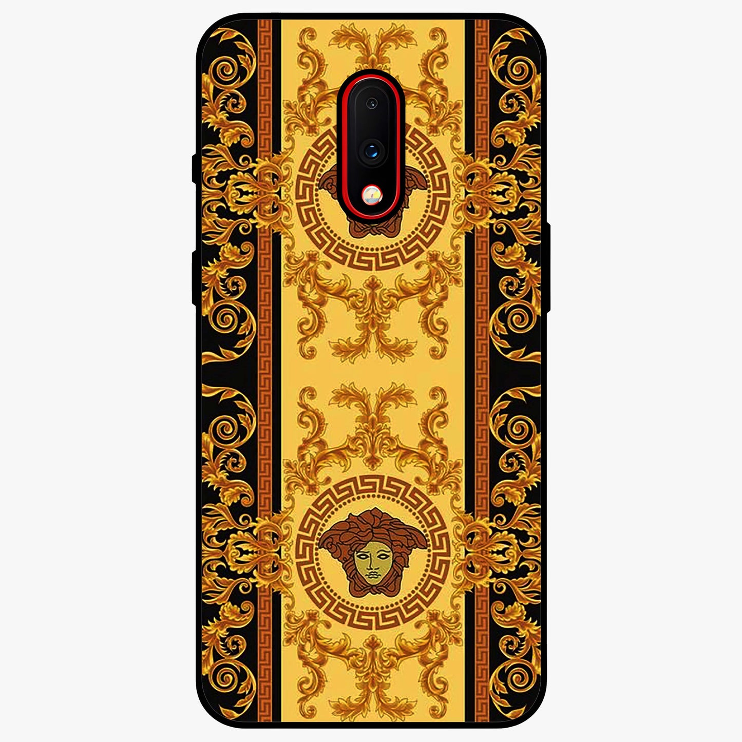 Golden Royal Heritage Glass Case showing flat back view with ornate royal pattern artwork and glossy glass finish.
