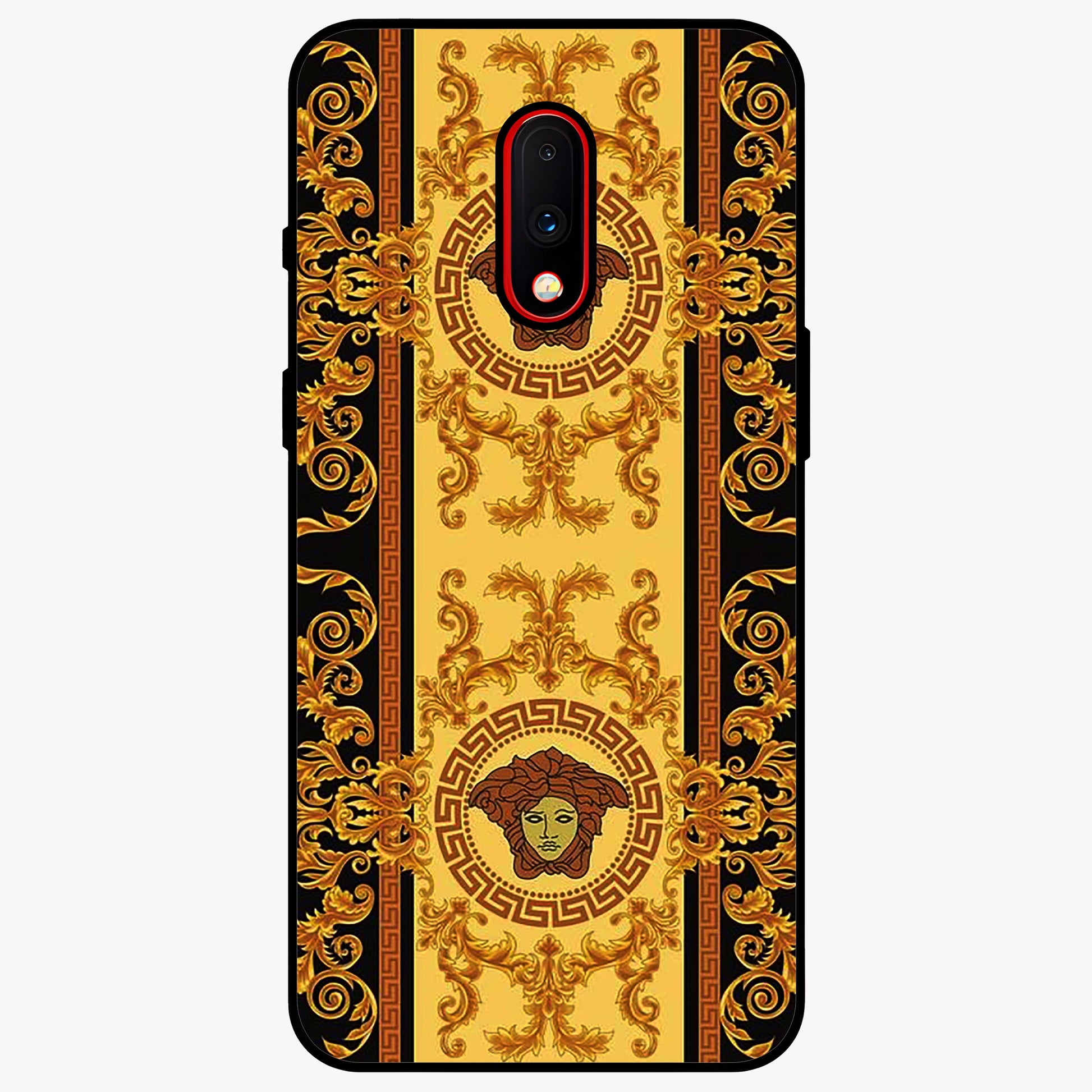 Golden Royal Heritage Glass Case showing flat back view with ornate royal pattern artwork and glossy glass finish.