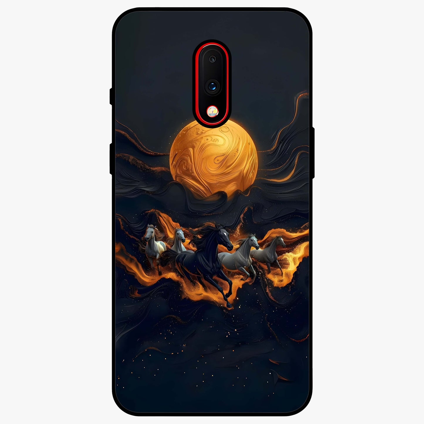 Golden Stallion Moonride Glass Case showing flat back view with majestic horse under moonlight artwork and glossy glass finish.