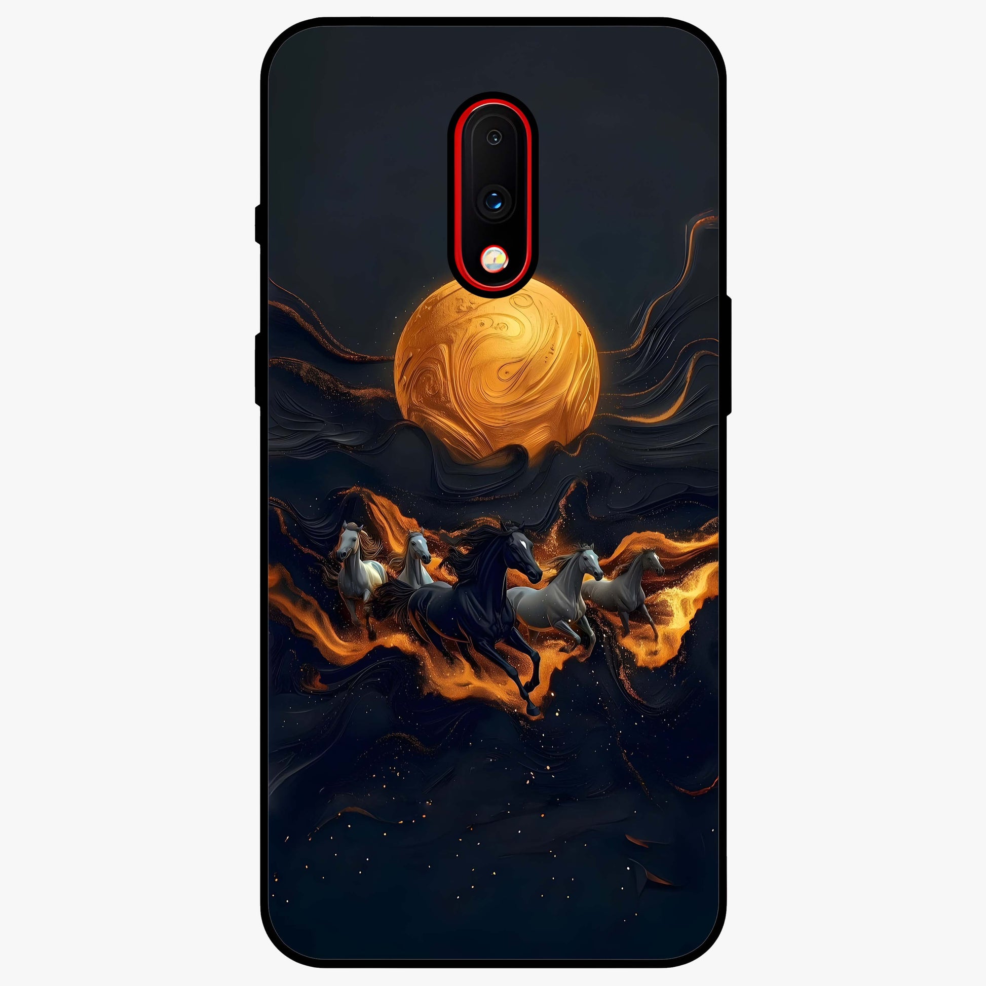 Golden Stallion Moonride Glass Case showing flat back view with majestic horse under moonlight artwork and glossy glass finish.