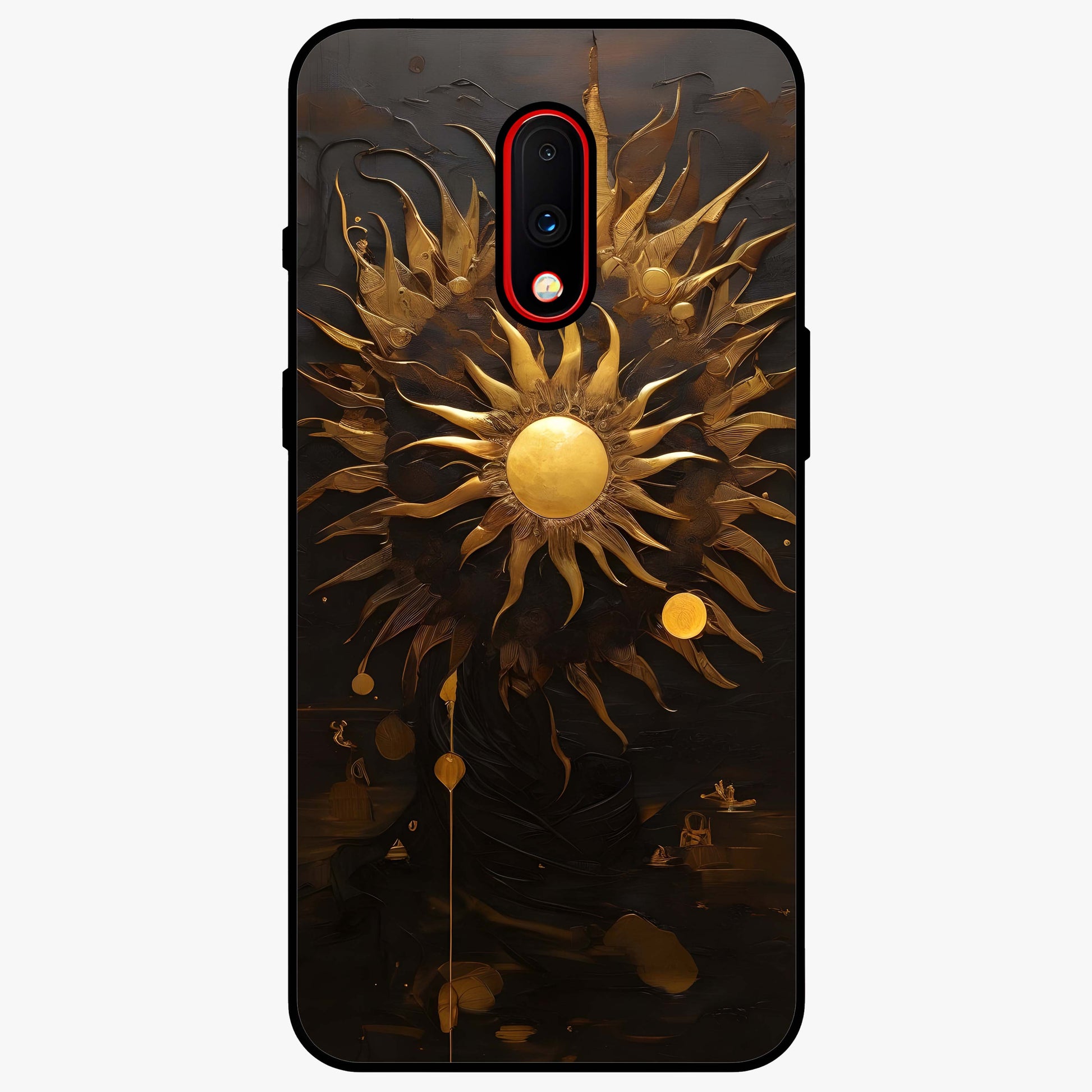 Golden Sun Majesty Glass Case showing flat back view with radiant golden sun artwork and glossy glass finish.