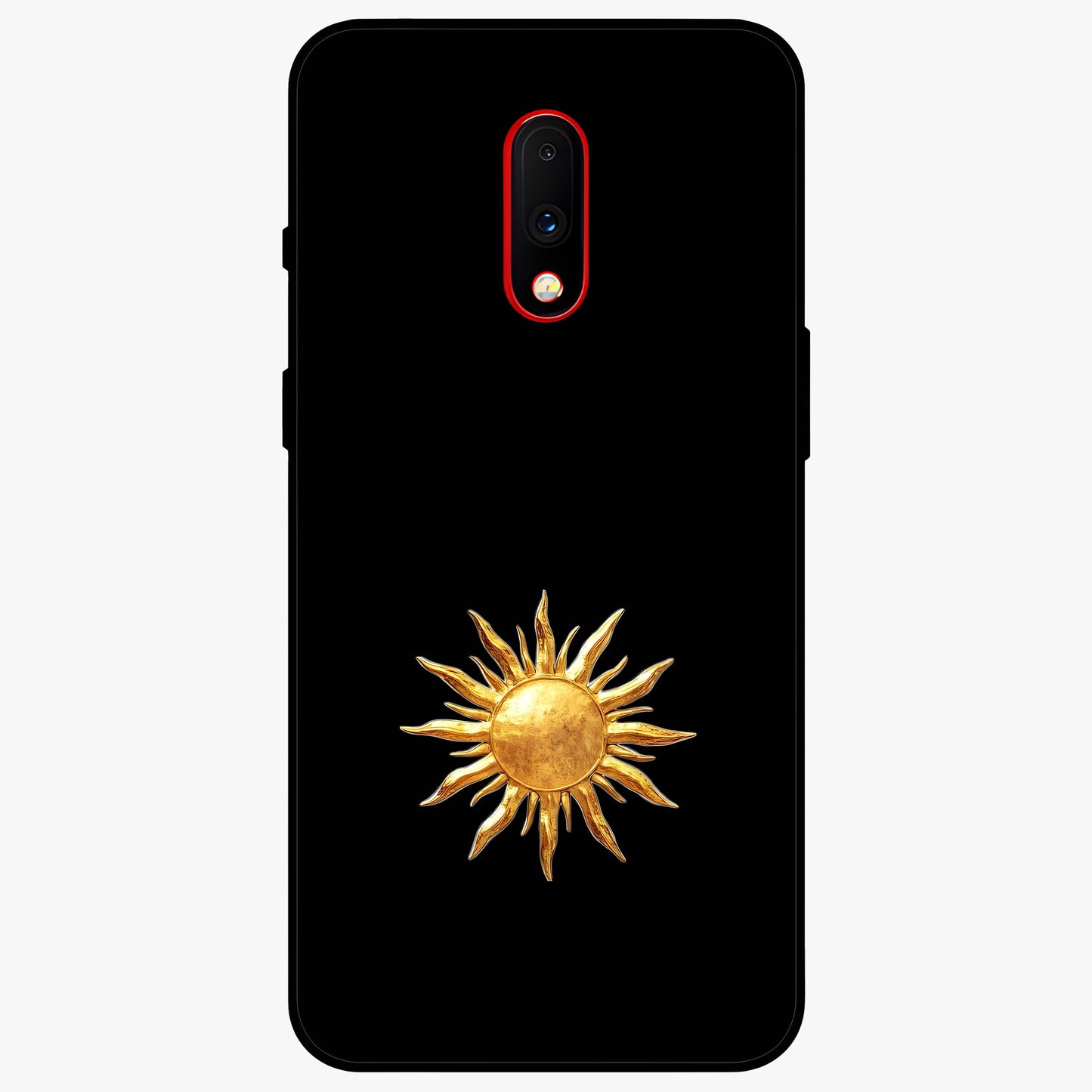 Golden Sun Minimalism Glass Case showing flat back view with minimal golden sun artwork and glossy glass finish.