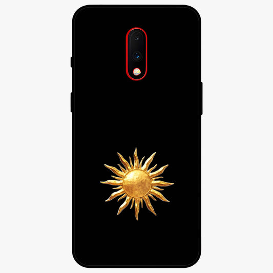 Golden Sun Minimalism Glass Case showing flat back view with minimal golden sun artwork and glossy glass finish.