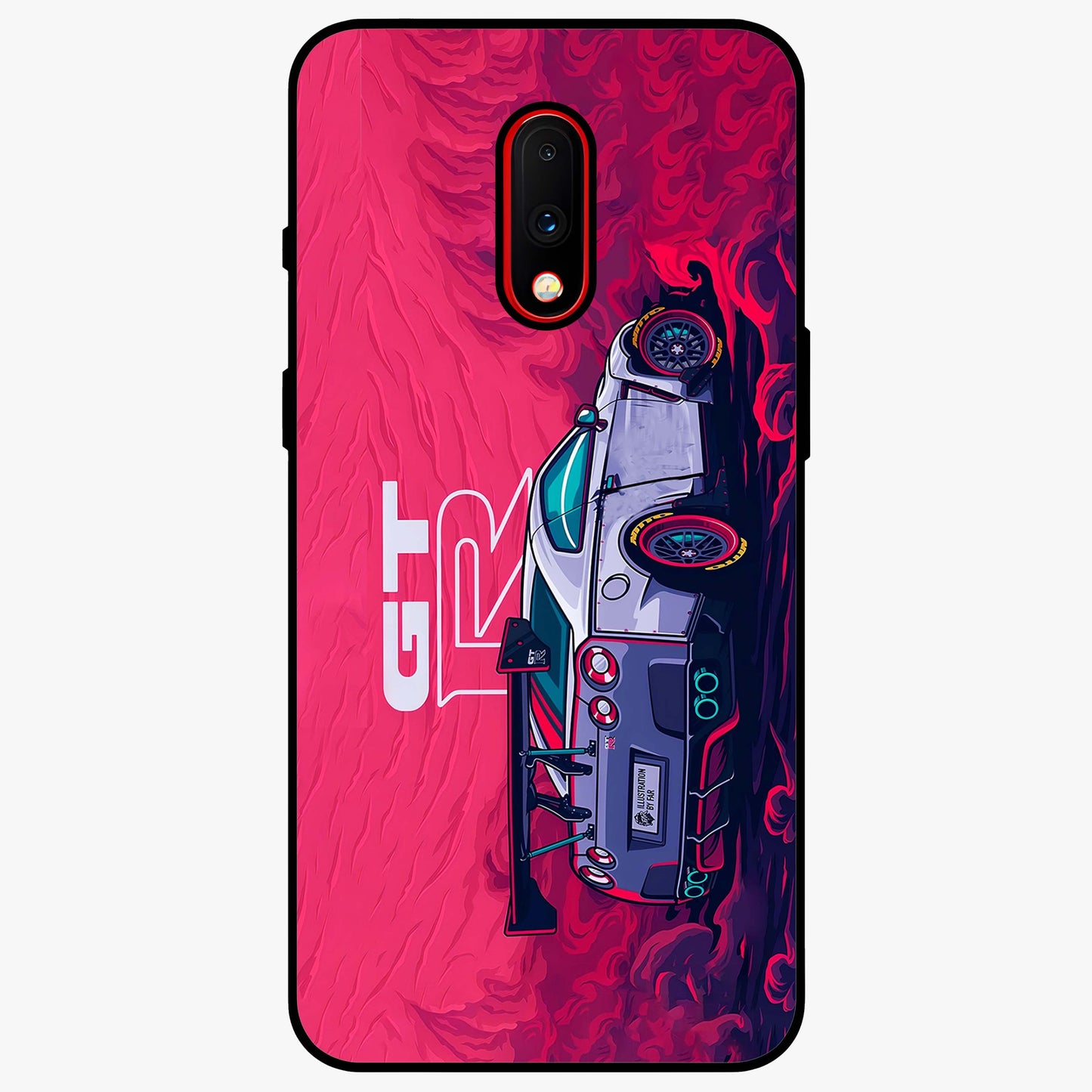 GT-R Car Pattern Glass Case showing flat back view with sporty car inspired pattern artwork and glossy glass finish.