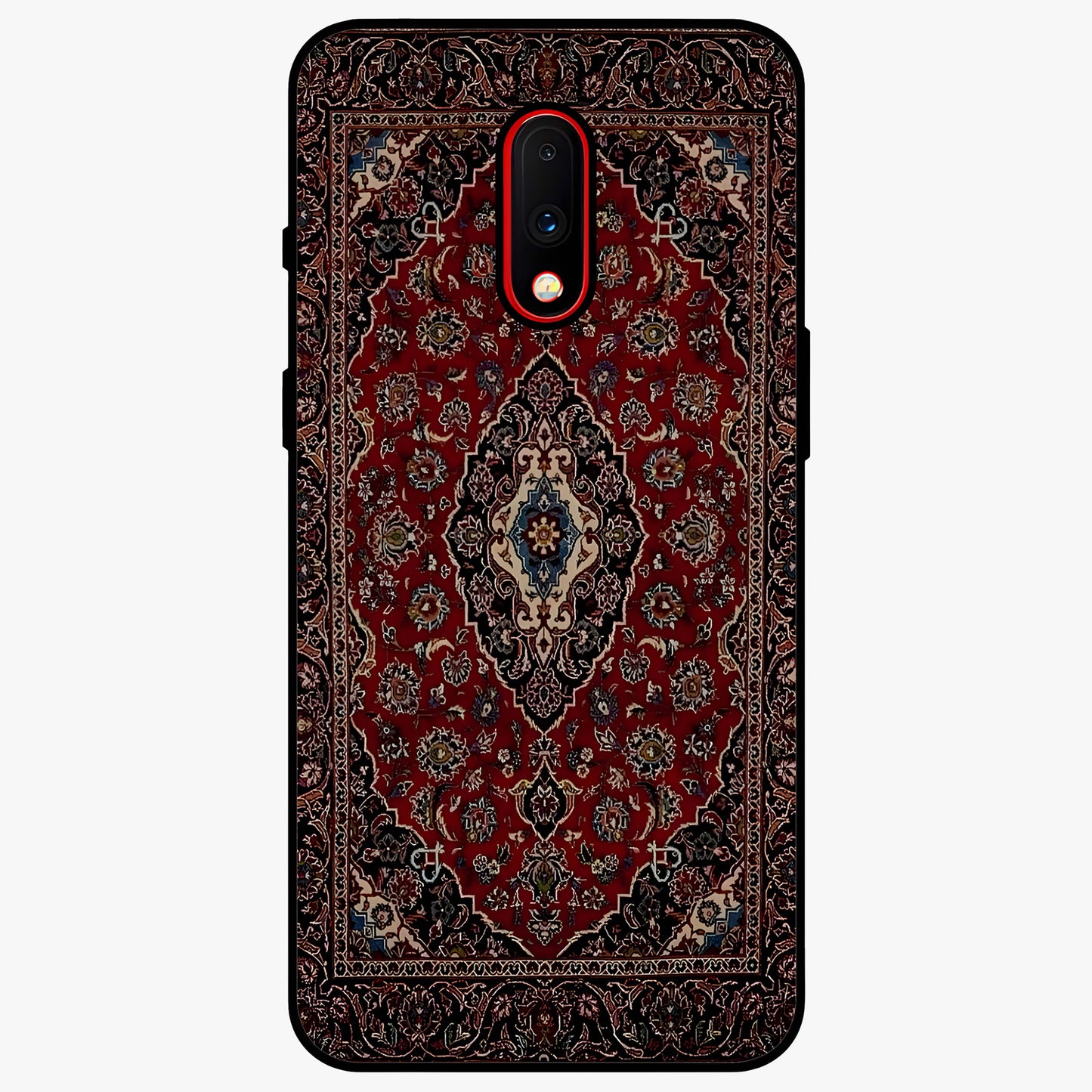 Heritage Carpet Royale Glass Case showing flat back view with ornate Persian carpet inspired pattern and glossy glass finish.