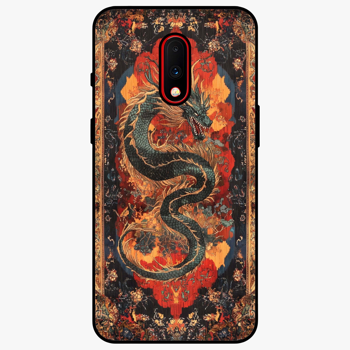 Inferno Dragon Soul Glass Case showing flat back view with fiery dragon artwork and glossy glass finish.