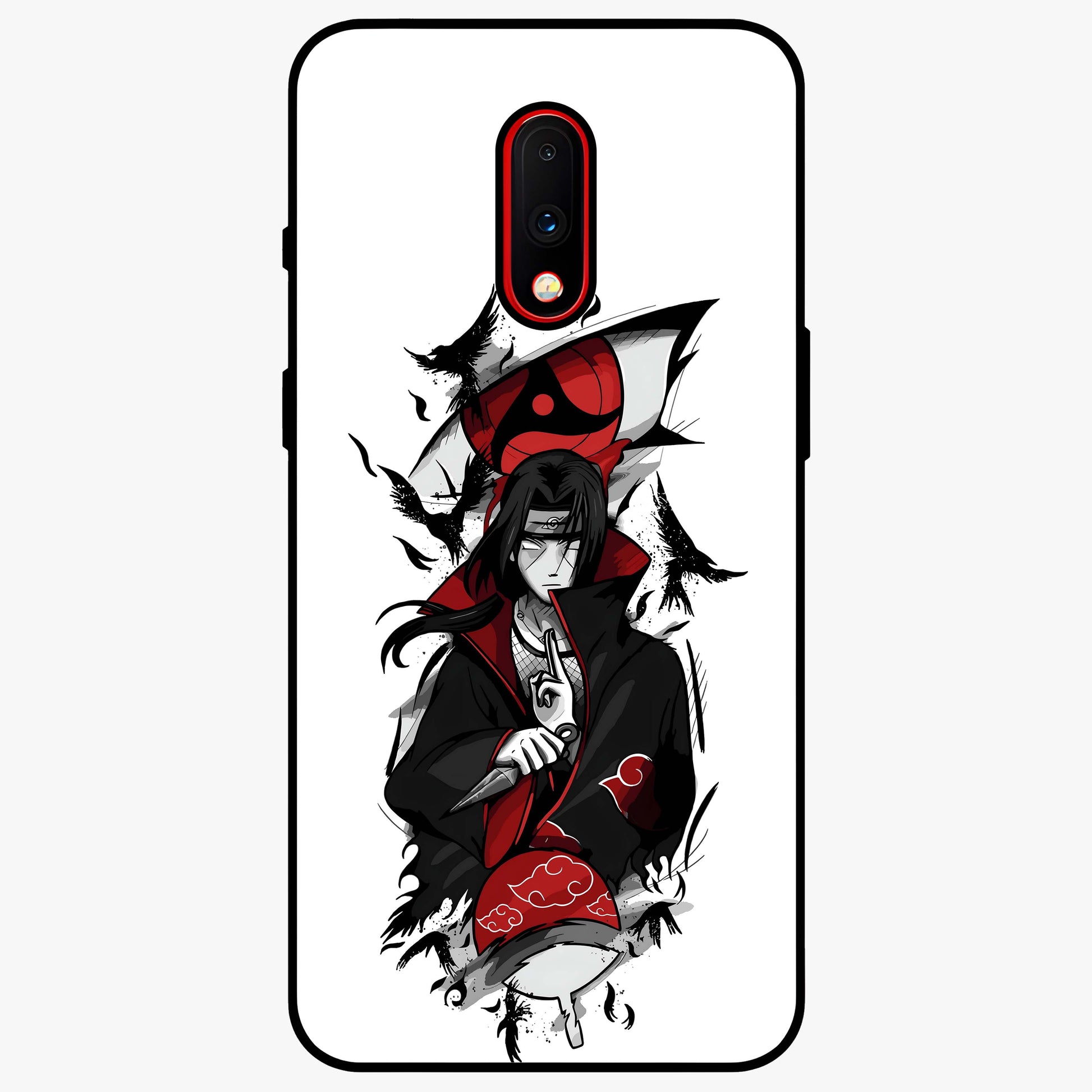 Itachi Sharingan Glass Case showing flat back view with powerful anime eye artwork and glossy glass finish.