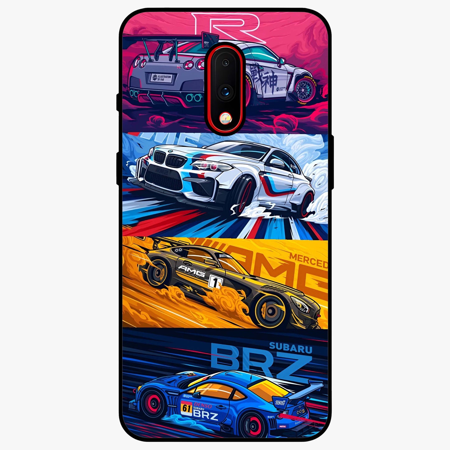 JDM Sports Car Glass Case showing flat back view with high performance sports car artwork and glossy glass finish.