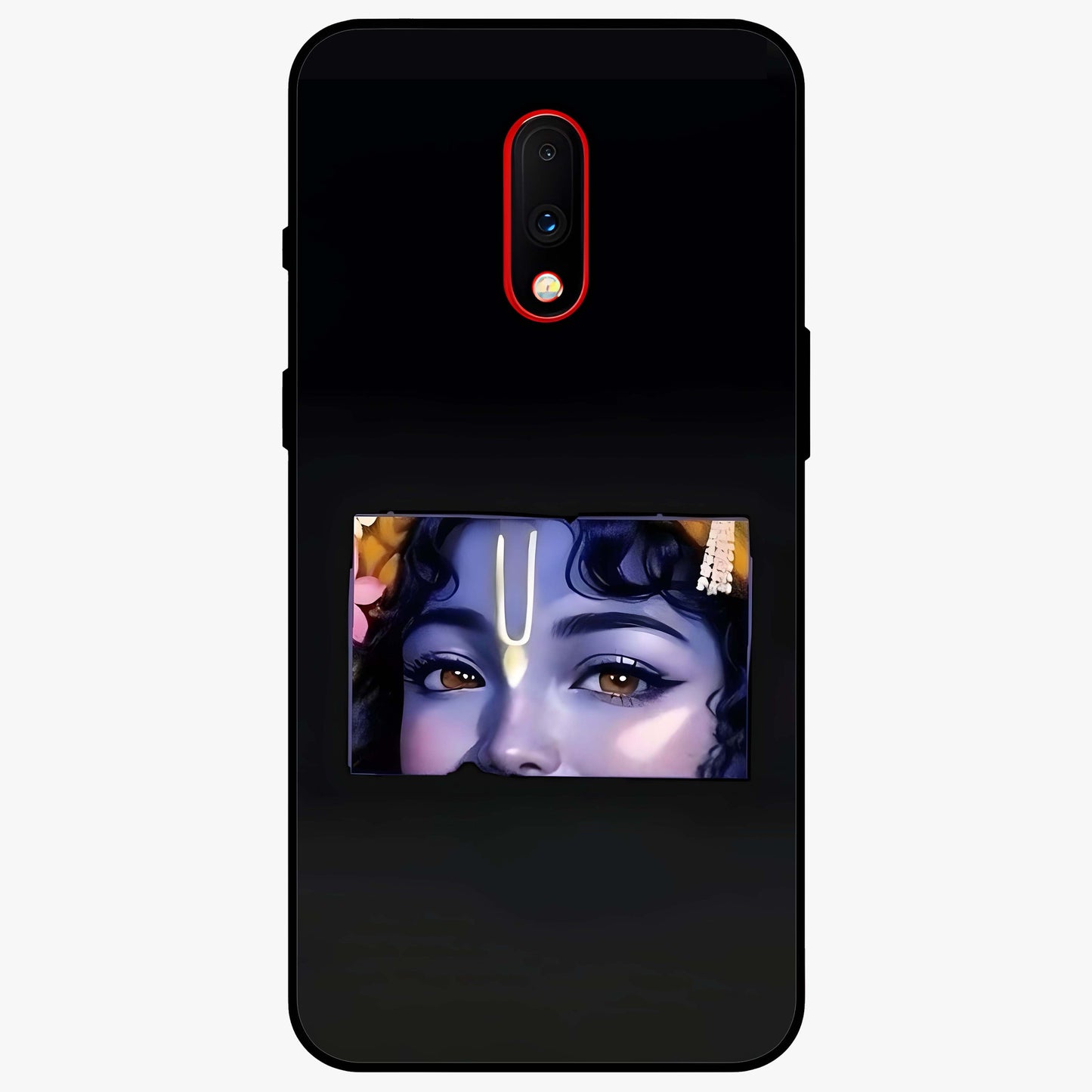 Krishna Divine Embrace Glass Case showing flat back view with Lord Krishna devotional artwork and glossy glass finish.