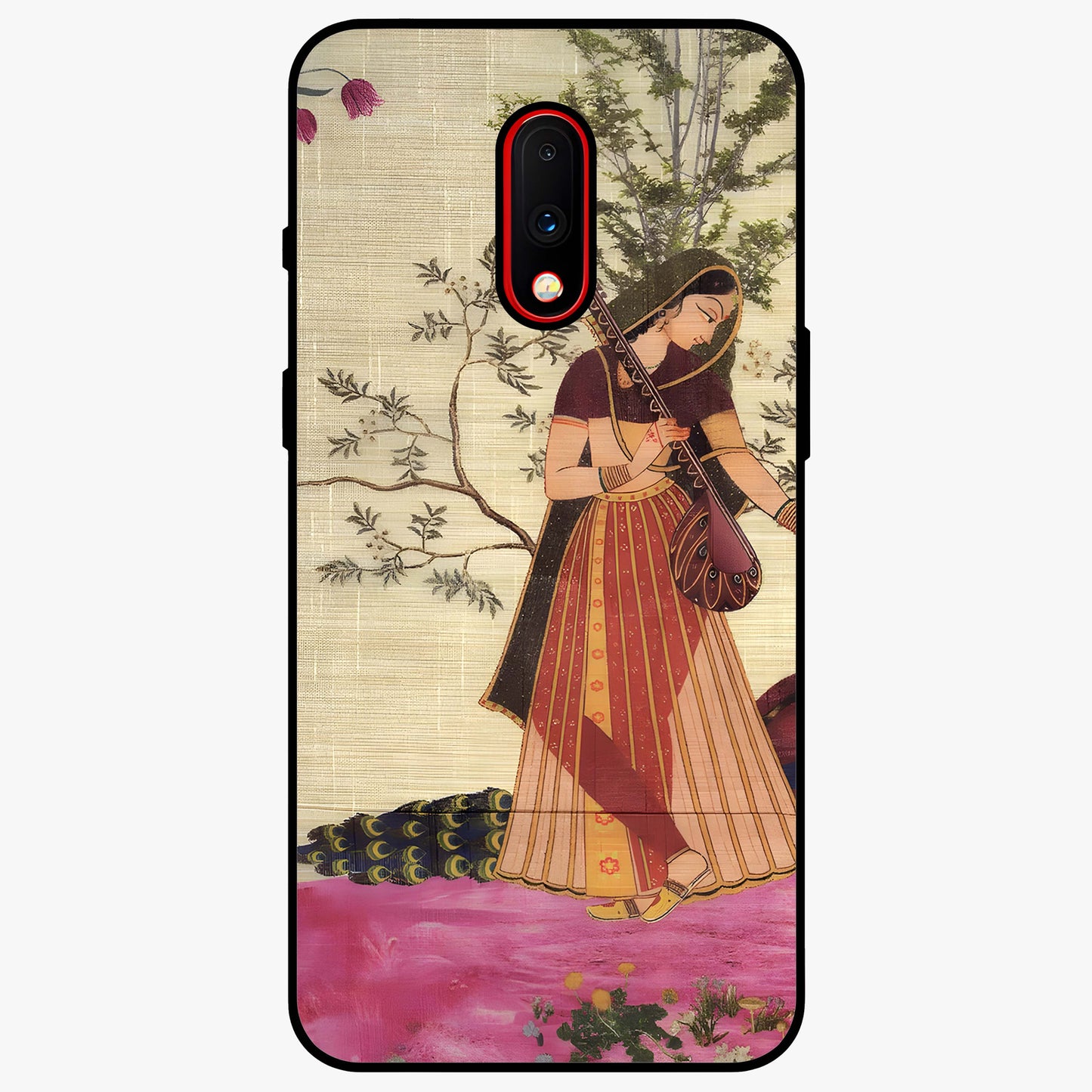 Lady With Veena Art Glass Case showing flat back view with elegant woman playing veena artwork and glossy glass finish.