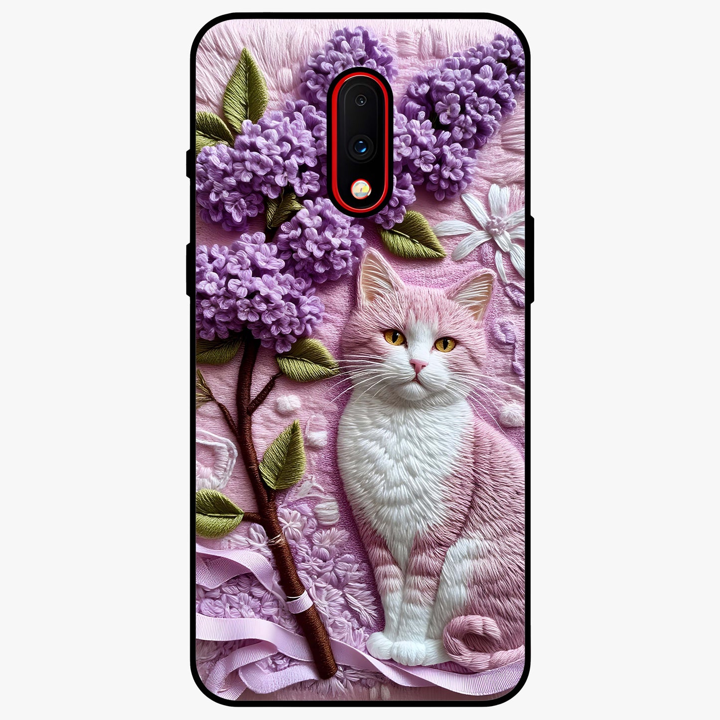 Lavender Cat Whimsy Glass Case showing flat back view with cute lavender cat artwork and glossy glass finish.