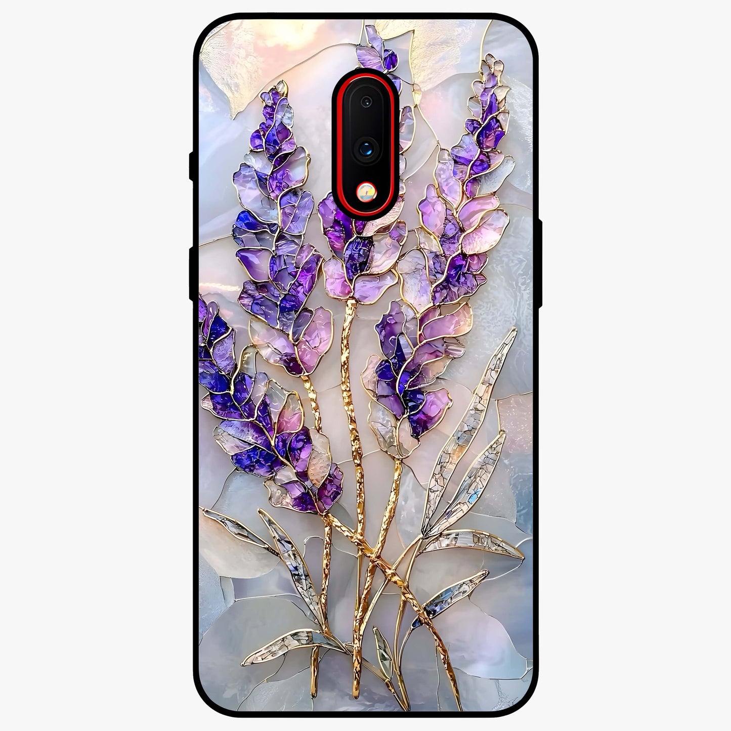 Lavender Dream Glow Glass Case showing flat back view with glowing lavender aesthetic artwork and glossy glass finish.