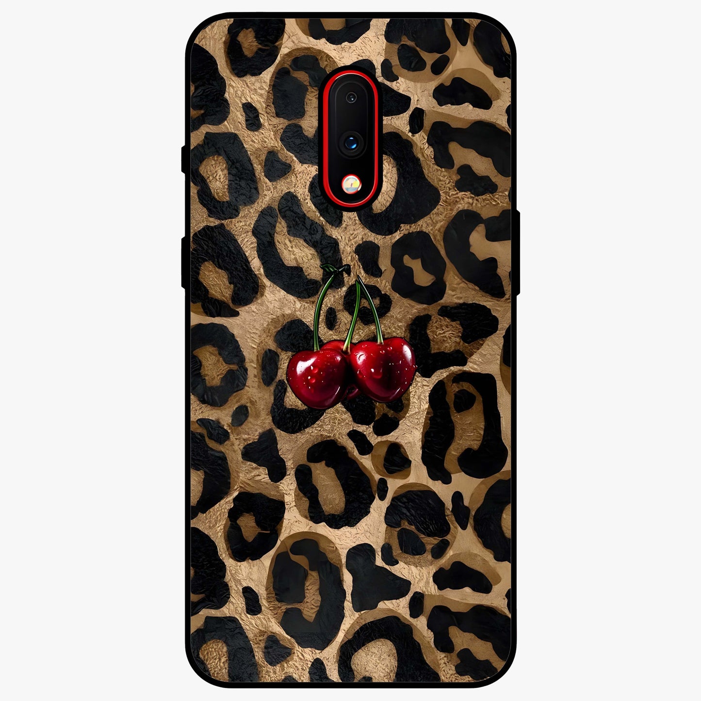 Leopard Wild Cherry Glass Case showing flat back view with leopard pattern and cherry artwork and glossy glass finish.
