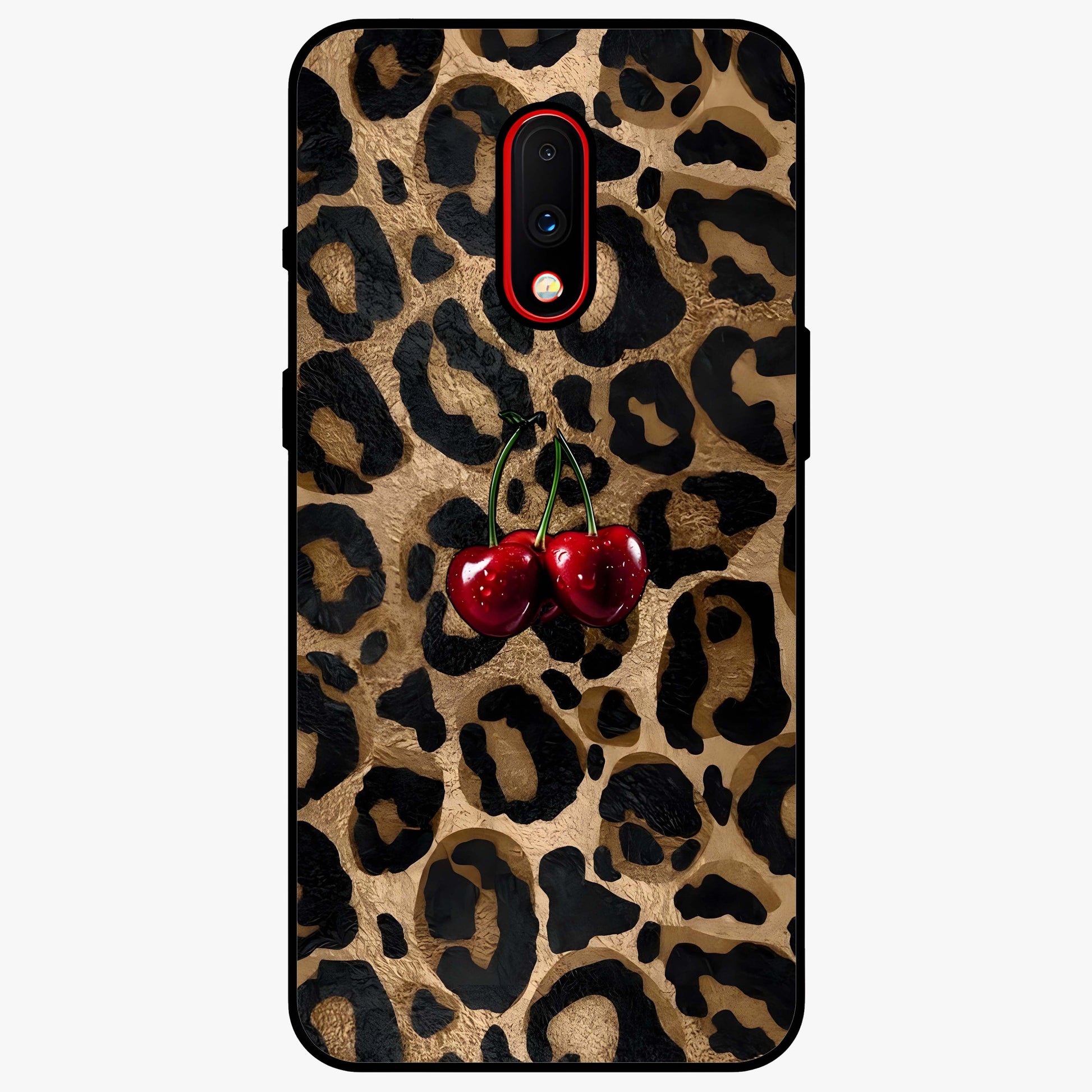 Leopard Wild Cherry Glass Case showing flat back view with leopard pattern and cherry artwork and glossy glass finish.