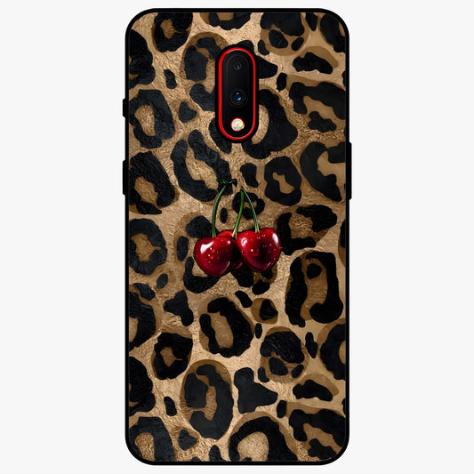 Leopard Wild Cherry Glass Case showing flat back view with leopard pattern and cherry artwork and glossy glass finish.