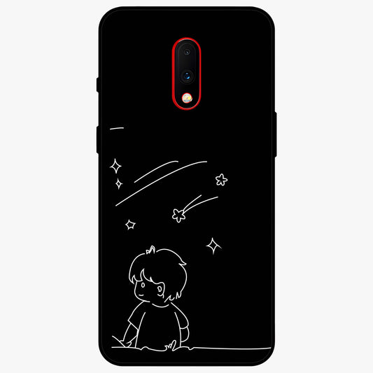 Line Art Boy With Shooting Stars Glass Case showing flat back view with minimal line art boy and shooting stars illustration and glossy glass finish.