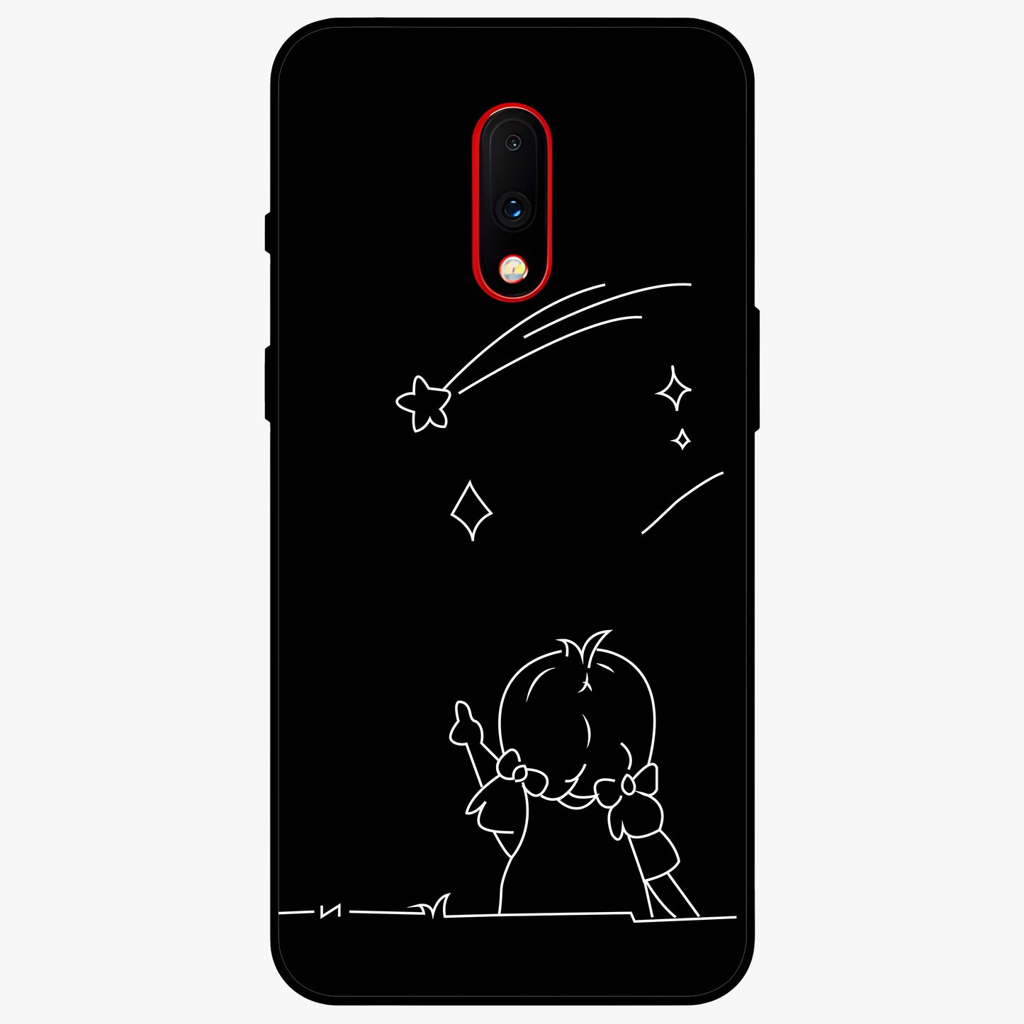 Line Art Girl With Shooting Stars Glass Case showing flat back view with minimal line art girl and shooting stars illustration and glossy glass finish.